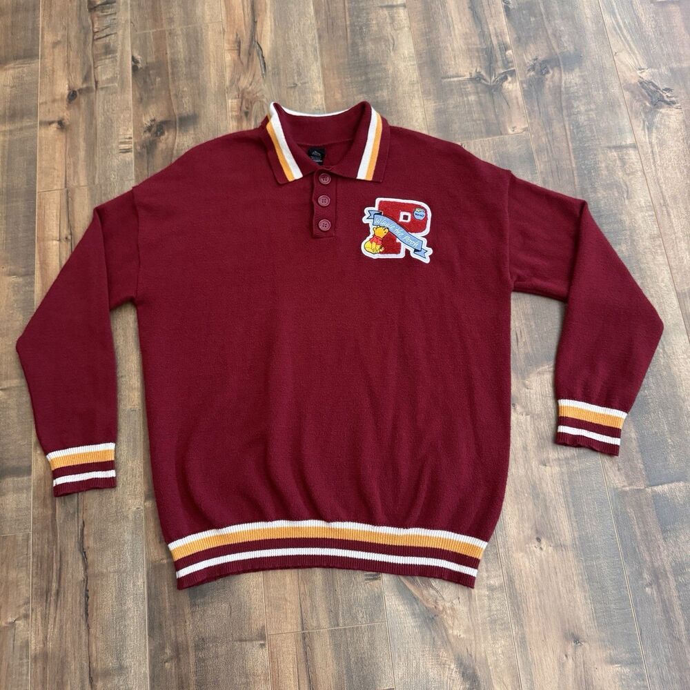 Disney Winnie the Pooh Knit Rugby Style Red Sweater Size Men Medium Patch Collar